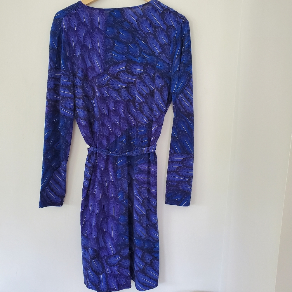 MARA HOFFMAN GYPSY M Blue Feather Print Faux Wrap 39" Dress LS Party Office EUC - Picture 11 of 13